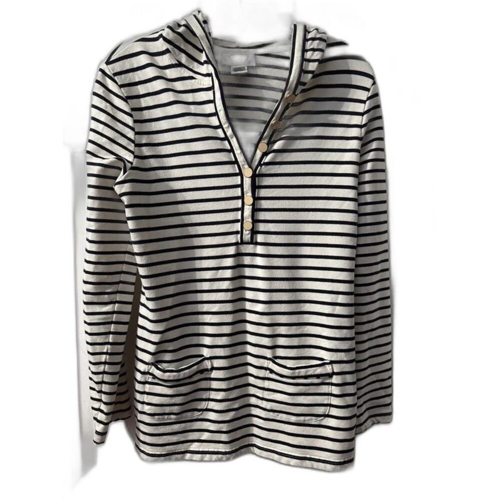 Talbots Medium Navy Blue & White Striped Button Hooded Sweater Pullover Top